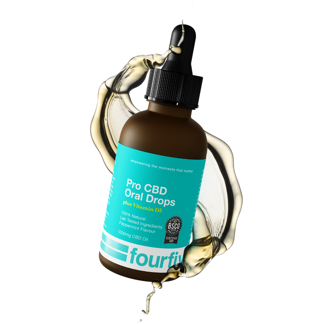 Bottle of fourfive Pro CBD Oral Drops surrounded by liquid