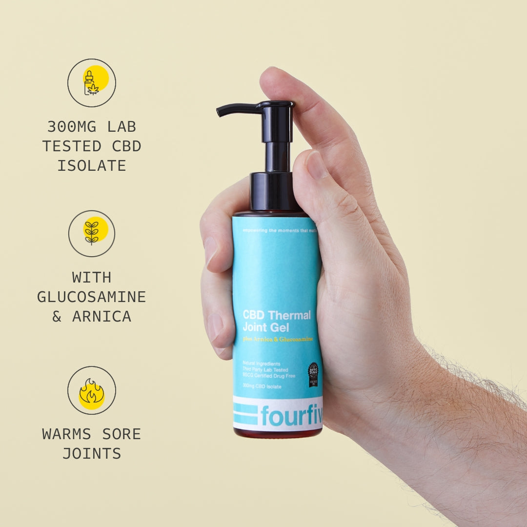 CBD Joint Gel being held with benefits & ingredients listed
