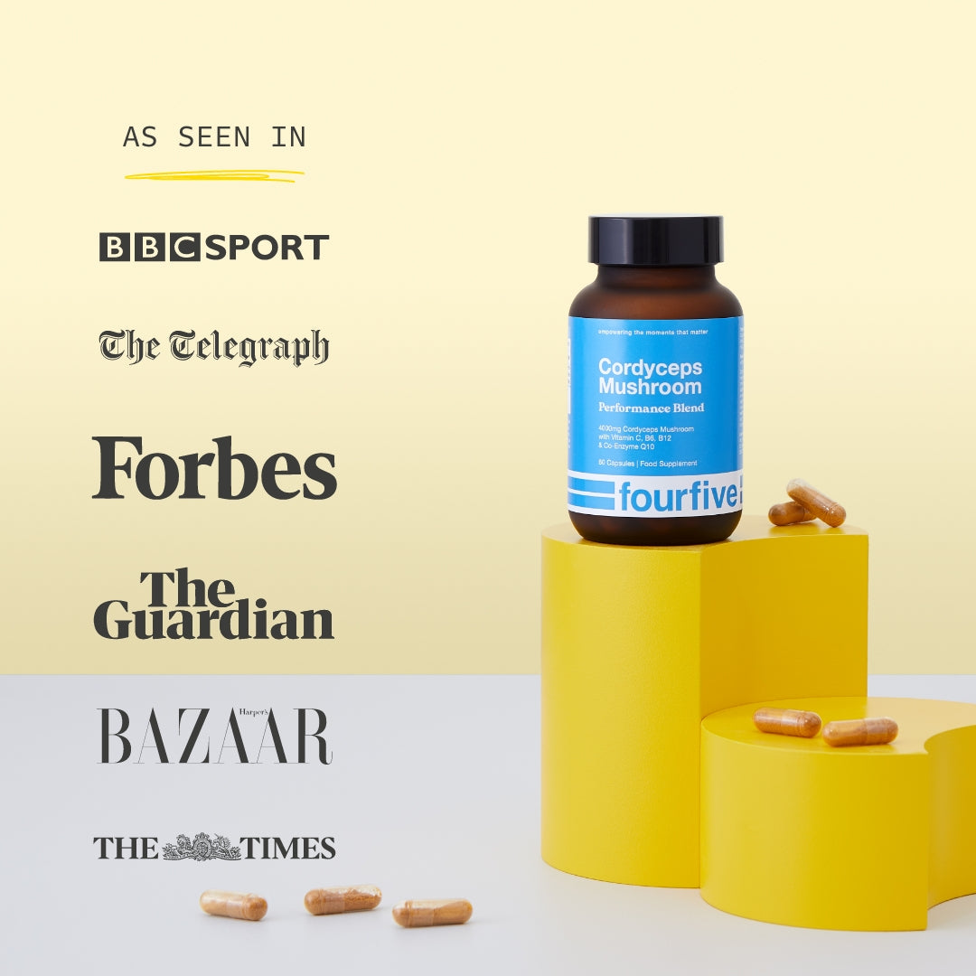 Cordyceps Mushroom Capsules on pedestal alongside list of publications