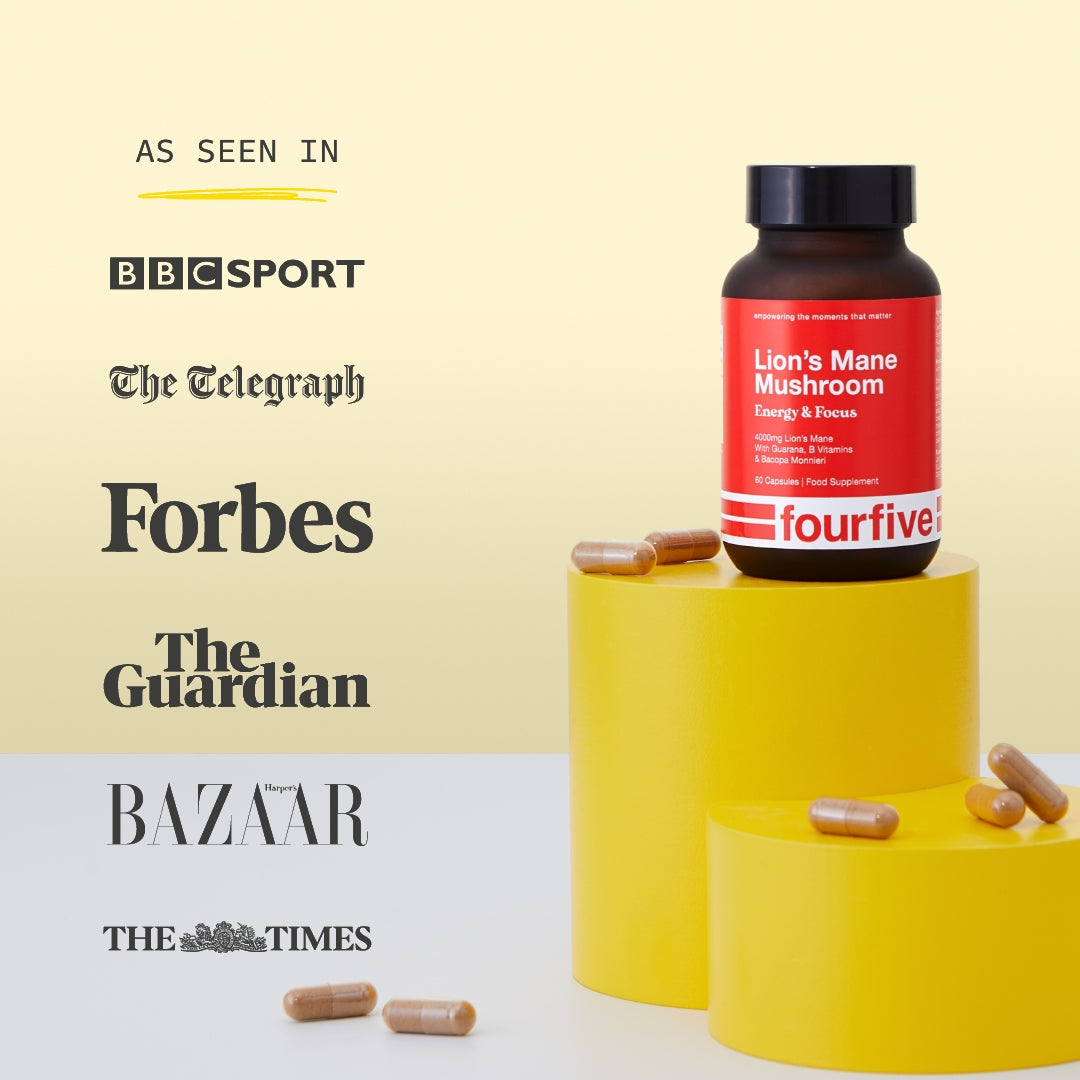 Bottle of Lion’s Mane Mushroom Capsules, alongside a list of publications featured in