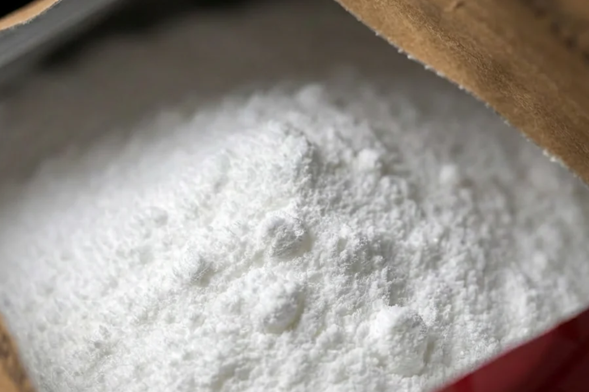 Close up of creatine powder supplement in container