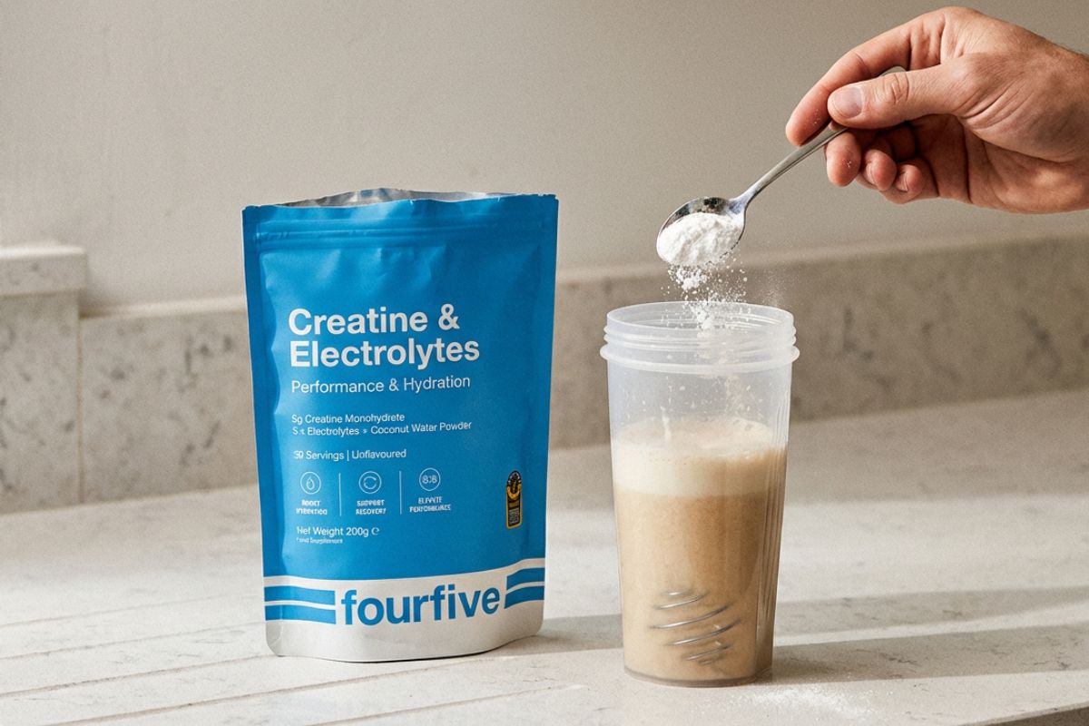 Creatine and electrolytes powder being added to shaker for hydration and performance supplement