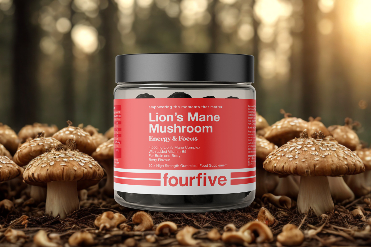 Fourfive Lion’s Mane Mushroom energy and focus gummies in a forest setting