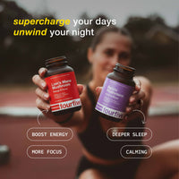 Person holding two supplement bottles with text about boosting energy, deepening sleep, and calming.