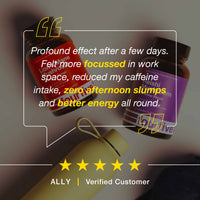 Two supplement bottles with a customer review on a blurred background
