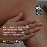 Hand on skin with BSCG certified logo and text about third-party certification.