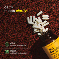CBD capsules with text 'calm meets clarity' on a textured brown background