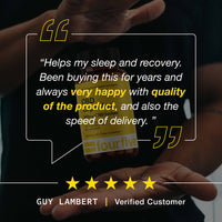 Hand holding a product with a five-star review quote on a dark background