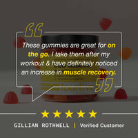 Gummy supplement jar with customer testimonial on a dark background