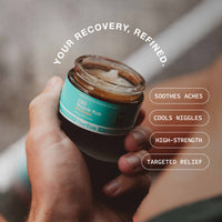 Hand holding a jar of 'fourfive' CBD Muscle Rub with product features listed.