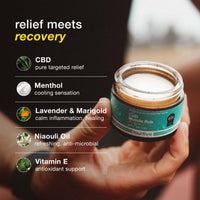 Jar of CBD muscle rub with ingredients listed on a dark background