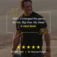 Man in a desert setting with text about sleep improvement and a five-star rating.