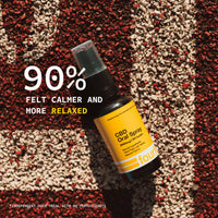 CBD Oral Spray bottle on a textured surface with text about user experience.