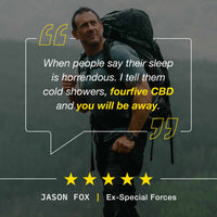 Man with backpack in a mountainous landscape with a quote and five-star rating.