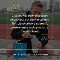 Person sitting on a track with a supplement container and shaker, text overlay about creatine benefits.
