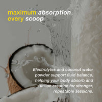 Coconut with water droplets and text about electrolytes, coconut water powder, and fluid balance.