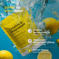 Yellow creatine and magnesium supplement package with lemons and water splash on a blue background
