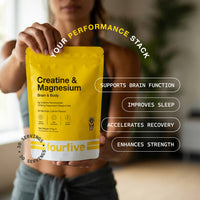Person holding a yellow supplement package labeled 'fourfive' with text about product benefits.