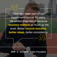 Person holding a supplement container with text overlay about creatine and magnesium, set against an outdoor background.