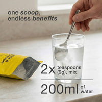 Person adding a spoonful of a powder to water with text about measurements and benefits.