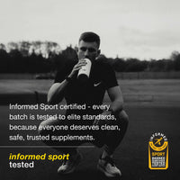 Person drinking from a supplement bottle on a sports field with 'Informed Sport' branding.