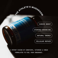 Bottle of 'The Athlete's Mushroom' with text highlighting benefits on a dark background
