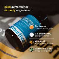 Fourfive supplement bottle with ingredients listed on a blurred background