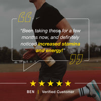 Person running on a track with a quote and five-star rating from a verified customer.