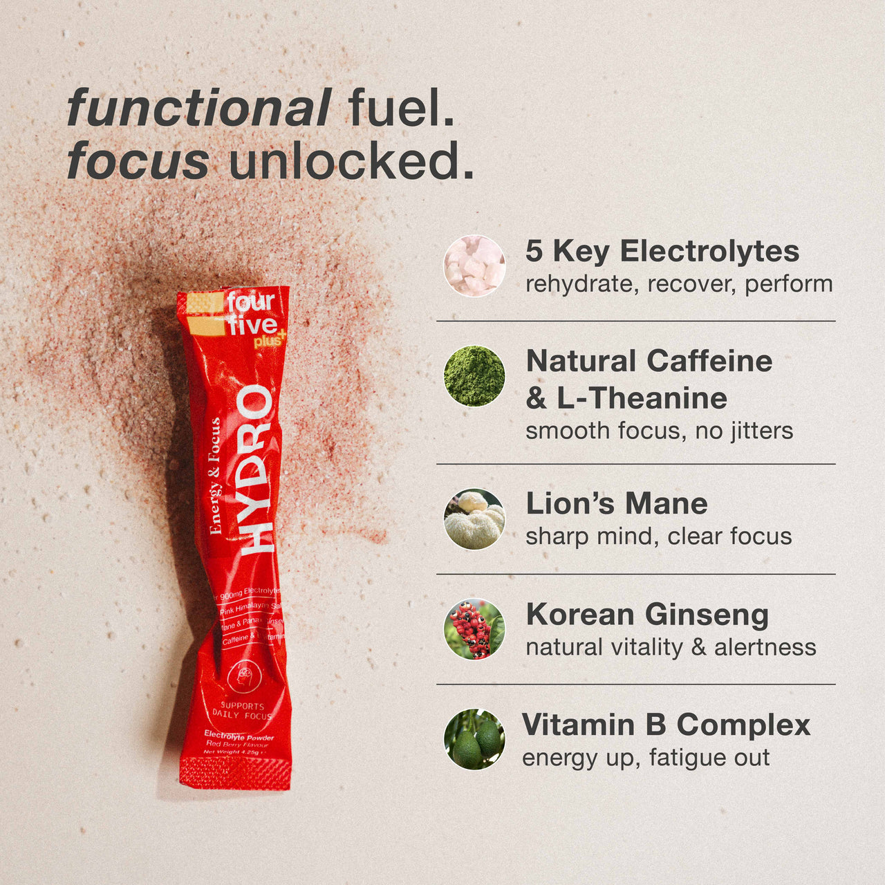 Red energy drink stick pack with health benefits listed on a beige background