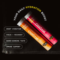 Two HYDRO hydration boosters on a black background with text highlighting benefits.