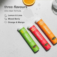 Three HYDRO drink tubes in different flavors on a light gray background with an orange slice.