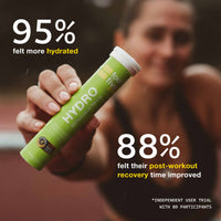 Person holding a green Hydro supplement tube with hydration and recovery statistics.