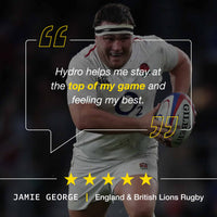 Rugby player holding a ball with text and star rating on a dark background