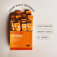 Box of immune support hydro packets with text on a light background