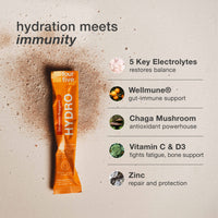 Orange hydration package with text about electrolytes and health benefits on a beige background