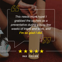 Person holding a bottle with text and five-star rating on a dark background