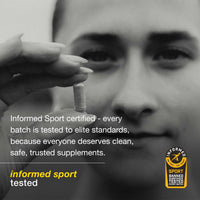 Black and white image of a person holding a supplement capsule with text about Informed Sport certification.