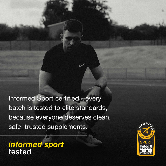Man on a sports field with 'Informed Sport' certification text overlay