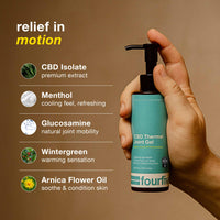 Hand holding a bottle of 'fourfive' CBD Thermal Joint Gel with product features listed on a brown background.