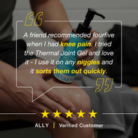 Person holding a bottle of 'fourfive' thermal joint gel with a five-star review on a dark background.