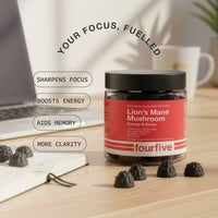 Jar of Lion's Mane Mushroom supplement with text highlighting benefits on a desk.