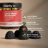 Mushroom product with 'fourfive' branding and text highlighting benefits on a beige background