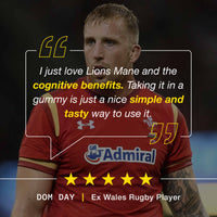 Man in red sports jersey with text about Lions Mane gummies and a five-star rating.