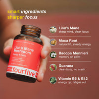 Bottle of Lion's Mane Mushroom supplement with ingredients listed on a blurred background