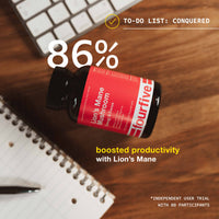 Bottle of Lion's Mane Mushroom supplement on a desk with text about productivity boost