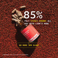 Bottle of Lion's Mane mushroom supplement with pills on a red textured background, featuring text about energy and slump.