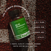 Bottle of Multi Mushroom Blend with text highlighting its benefits on a textured background