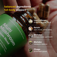 Multivitamin supplement bottle with mushroom blend ingredients listed on a blurred background