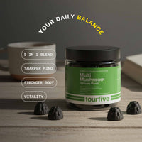 Fourfive Multi Mushroom supplement jar with black caps on a wooden surface, featuring text about product benefits.