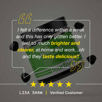Product with a quote from a customer on a dark background